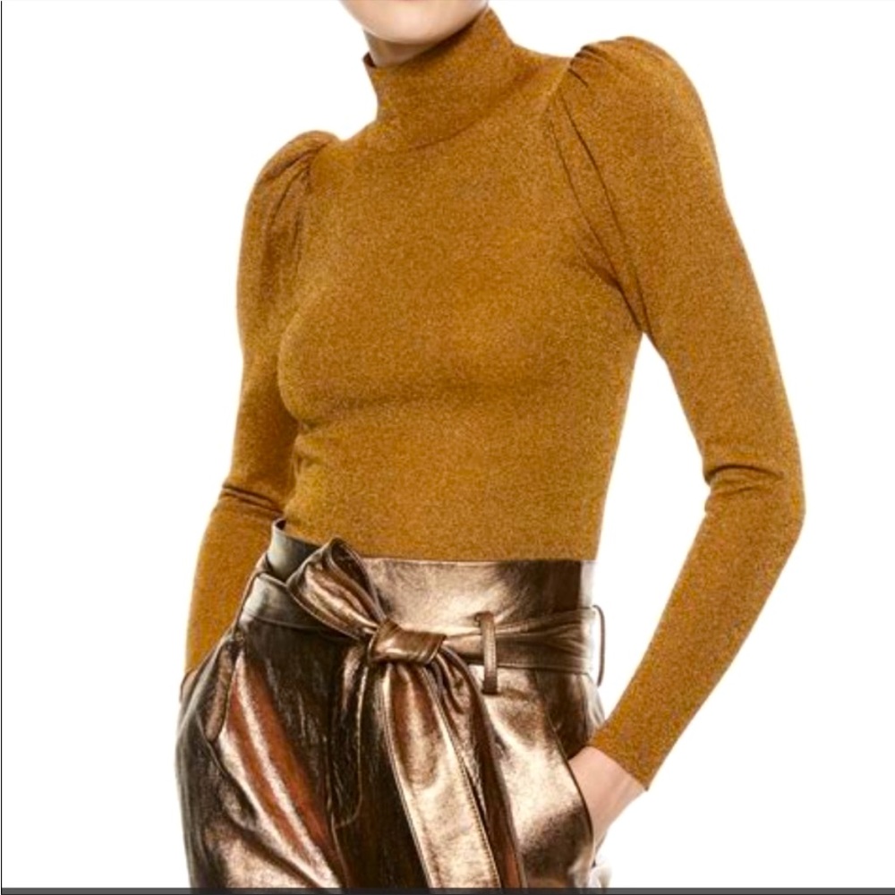 NWT Alice and Olivia Lurex Puff-Sleeve Turtleneck in Camel Metallic